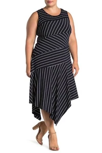 VINCE CAMUTO Navy Blue White Stripe Handkerchief Hem Asymmetric Dress 3X 22W 24W - Picture 1 of 2