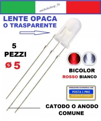 diodo led bicolore rosso/bianco 3pin catodo/anodo ø5mm lente opaca o trasparente - Immagine 1 di 2