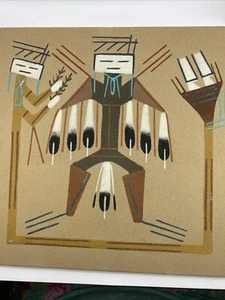 VINTAGE,NAVAJO SAND PAINTING "RAINBOW & THUNDER” SIGNED BEGAY,12X12 - Picture 1 of 5