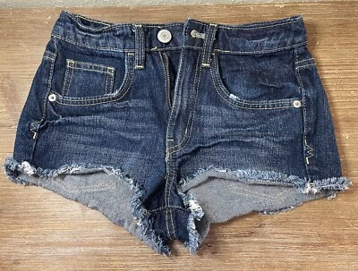 Mossimo Supply Co 深色水洗牛仔短裤女式青少年尺寸 1 截止磨损 — 第 1/4 张图片