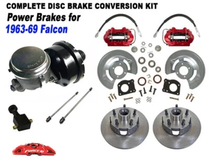 1963-69 Falcon Power Front Disc Brake Kit 5 lug, Drilled Rotors - Red calipers - Picture 1 of 8