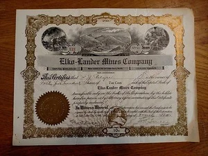 Aktienzertifikat Elko-Lander Mines Company Bergbau Bilder Vorder&Rückseite Utah 1910 - Bild 1 von 6