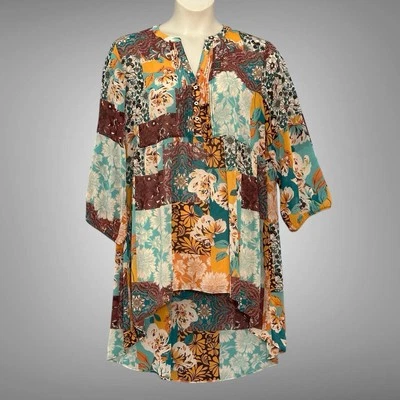 波西米亚拼布女式上衣加 18 棕色浅绿色花卉束腰外衣 Hi Lo Country 西部 — 第 1/4 张图片