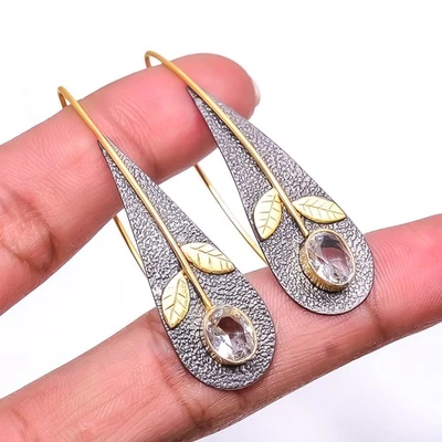 White Topaz 925 Silver Black & Gold Rhodium Plated Earring 2.15" E16 - Image 1 of 4