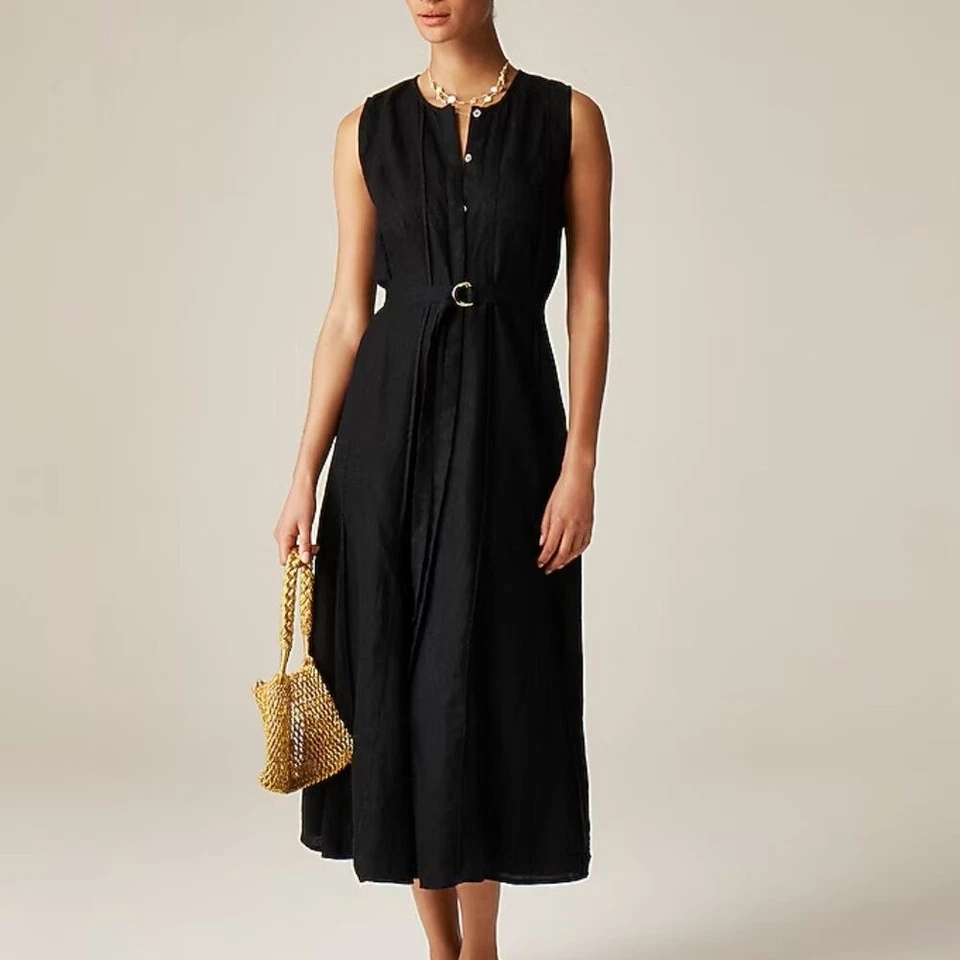 J. Crew Mujer Vestido Lino Costurado con Cinturón Extraíble Negro XS Foto 1 de 4
