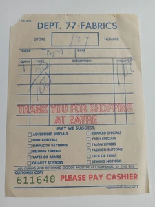 Vintage 70er Jahre Zayre Kaufhaus Abt. 77 Stoffe Papier Verkaufsbeleg - Bild 1 von 5