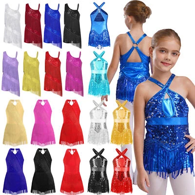 UK~ Girls Sequins Tassel Rumba Latin Tango Dance Leotards Performance Costume - Image 1 of 2