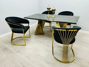 Black & Gold Marble Dining Table with 4 Black & Gold Dining Chairs Chairs - Picture 1 of 4