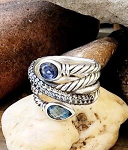 David Yurman Wrap Ring  13.24 Grams Size 7.5 ~ Blue Topaz and Diamonds/Iolite