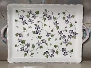 Andrea By Sadek Serving Plate Tray with Handles Ceramic 13” X 9” Purple Violets - Picture 1 of 9