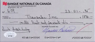 Maurice Richard Signed Maurice Richard Inc. Check 634 JSA - Image 1 of 3