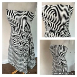 Coast Fit & Flare Black & Ivory Geo Stripe Dress with Corsage Uk 12 Bnwots C7 - Picture 1 of 5
