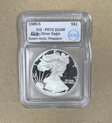 1989 S S$1 Silver Eagle ICG PR70 DCAM Signed By Austin Hutto, President - Image 1 of 2