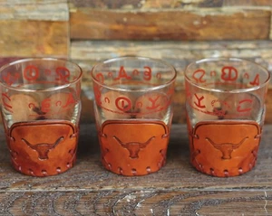 Libbey Bamco Western Branding Barware Set of 3 Glasses with Leather Holders - Picture 1 of 10