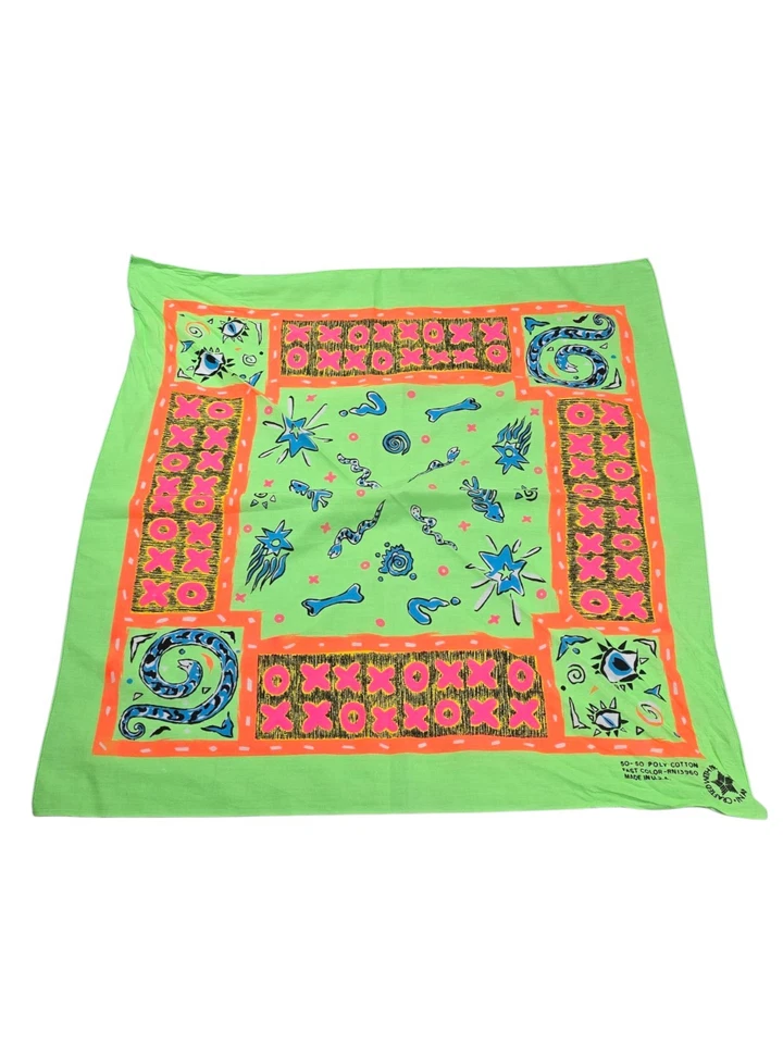 复古亮绿色霓虹波西米亚独特印花头巾节日围巾美国制造  — 第 1/4 张图片