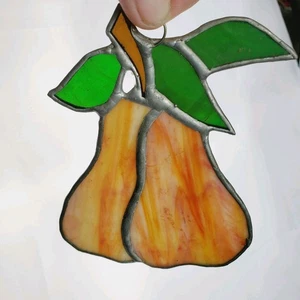 Vintage Stained Glass Pear Suncatcher Window Hanging Decor Browns & Green Leaves - Picture 1 of 4