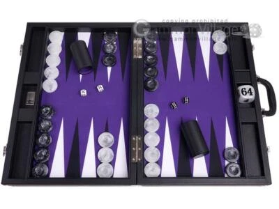New 21” Wycliffe Brothers Tournament Backgammon Set - Black Case w/ Purple Field - Image 1 of 4