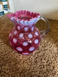 Fenton glass cranberry white dot large pitcher jug - Picture 1 of 3