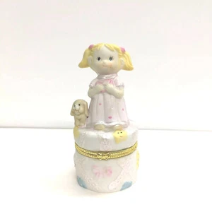 Little Girl Blonde Hair & Puppy Porcelain Trinket Box Hinged Box Pink & White - Picture 1 of 10