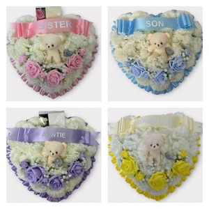 Heart wreath teddy Artificial Funeral Flowers Memorial Grave Tribute - Picture 1 of 5