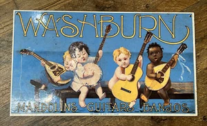 Letrero de porcelana de metal vintage de guitarras Washburn mandolinas Banjos Ande Rooney 1988 - Imagen 1 de 13