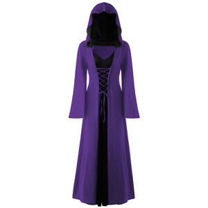 Women's Halloween Renaissance Witch Cloak Vintage Lace Up Hooded Robe Dress