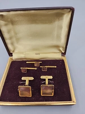 B&W Plate Swank Cufflinks Studs Tac Original Box Vintage 5 Pc Set - Image 1 of 4