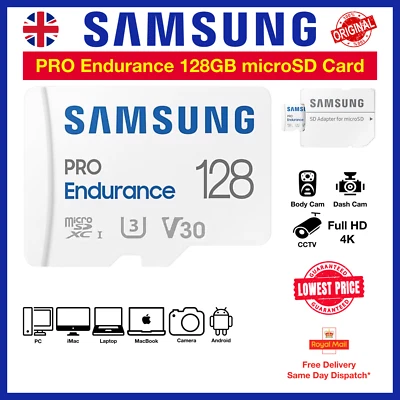 Samsung PRO Endurance 128GB microSDXC Memory Card & SD Adapter, Dash Cams, CCTV - Image 1 of 4