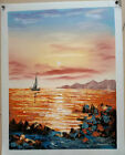 paysage marin bateau tableau peinture acrylique sur toile sign&#233;e / seascape boat