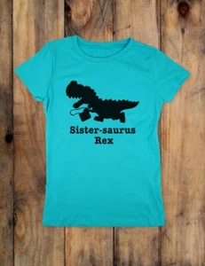 Sister-saurus Rex dinosaur birthday party - kids Youth Girls Slim Fit Soft Shirt - Picture 1 of 3
