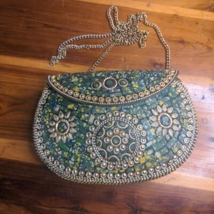 Mosaic Metal Clutch W Strap Green And Gold - Picture 1 of 12