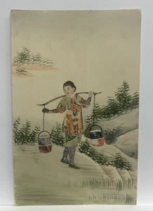 Decoupage Chinese Art Stamp Collage Postcard Woman Shoulder Pole Buckets c1905 - Picture 1 of 2