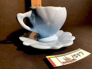 USA Pottery Blue Flower Demitasse Teacup & Saucer Vintage - Picture 1 of 6