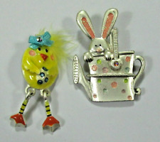2 AJMC Pin Brooches Rabbit In Watering Can And Chicken Easter Silver Tone Metal