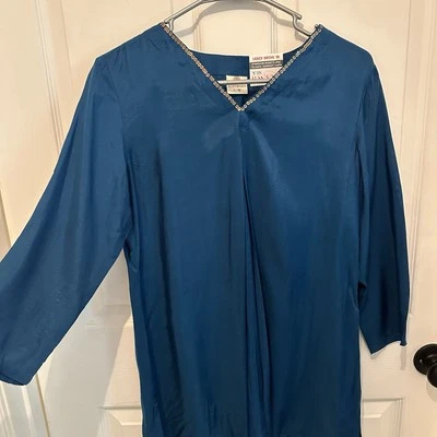 Indian Silk Fabric Blue Tunic Kurti KumKum Gold Accented Neckline Size L - Image 1 of 4