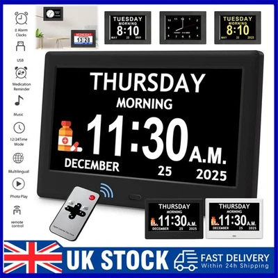 7"Large Dementia Clock Digital Calendar Day Clocks LCD Alarm Clock Wall/Desk UK - Image 1 of 4