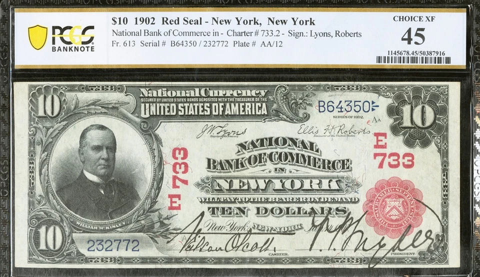 $10 Series 1902 Red Seal National Bank of Commerce New York PCGS Choice XF 45 - Image 1 of 2