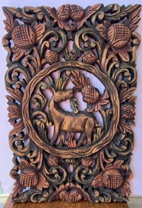 Handgeschnitzte Holztafel mit Ananas & Esel Vintage Wandbild - Bild 1 von 13
