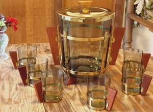 selten Art Déco Bowle Messing gold Glas Einsatz Holz Griffe ANTIK 40er 6 Gläser - Bild 1 von 7