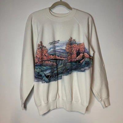 复古 1991 年大烟山秋季景观图案运动衫 90 年代成人 XL — 第 1/4 张图片