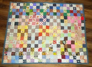 Homemade Quilt 47" x 60" Yarn Tied Colorful Block Style Navy Blue Abstract Back - Picture 1 of 11
