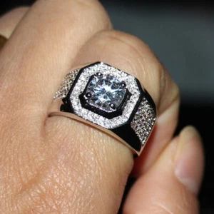 1.50Ct Round Cut Real Moissanite Men's Wedding Band 14k White Gold Plated Silver - Picture 1 of 6