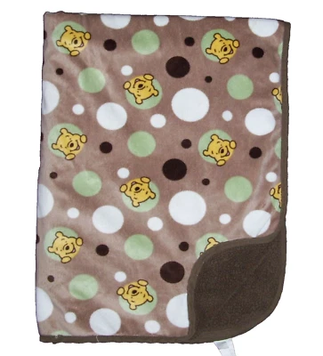 Disney Baby Винни-Пух желтовато-коричневый коричневый шерпа одеяло зеленый белый пузырьки точек - Изображение 1 из 2