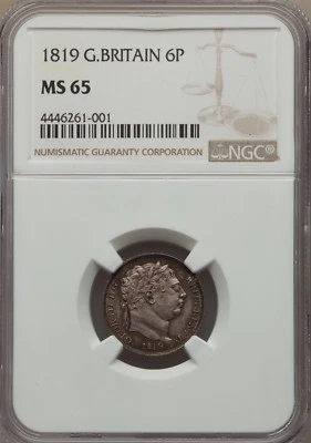 ENGLAND GEORGE III  1819  SIXPENCE  SILVER COIN, UNCIRCULATED CERTIFIED NGC MS65 - Image 1 of 2