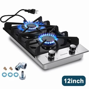 Gaskochfeld 2 Brenner 12 Zoll Hartglas Doppelbrenner NG/LPG umwandelbar Neu - Bild 1 von 11