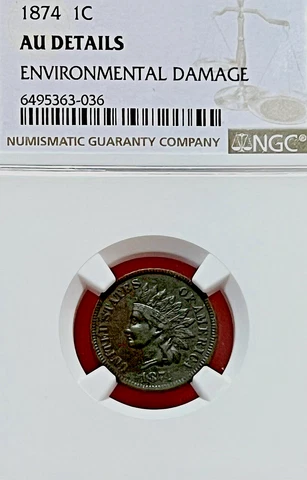 NGC AU! 1874 INDIAN HEAD CENT Cover