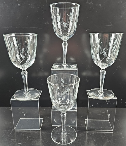4 Libbey Priscilla Water Goblets Set Vintage Clear Floral Leaf Cut Etch MCM Lot