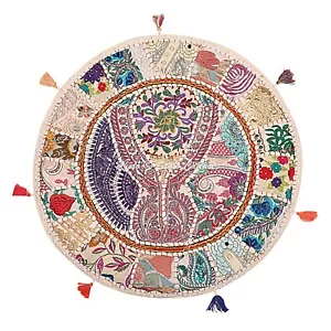 White Floor Cushion Vintage Patchwork Floor Pillow Ottoman Round Poufs 28 in - Picture 1 of 6