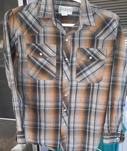 Men's Haband comfort Brown Shadow plaid Pearl snap Shirt Small - Picture 1 of 4