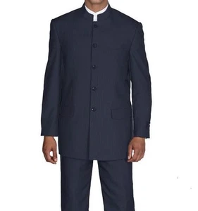 Mens-Mandarin-Collar-Black, Navy, Tan Pin-Stripe-Church-Suit-Style 925H - Picture 1 of 4